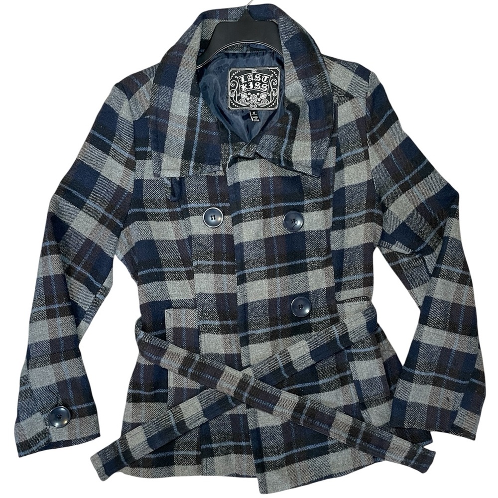Blue and Gray Plaid Peacoat